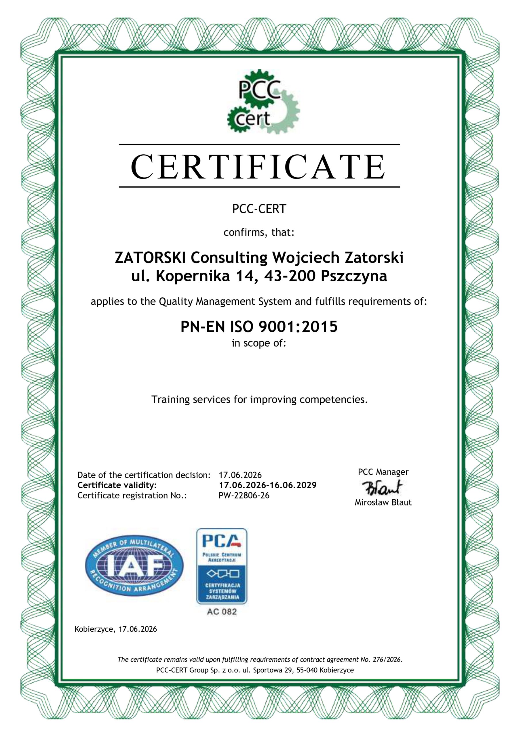 Certyfikat - ISO 9001 - PL